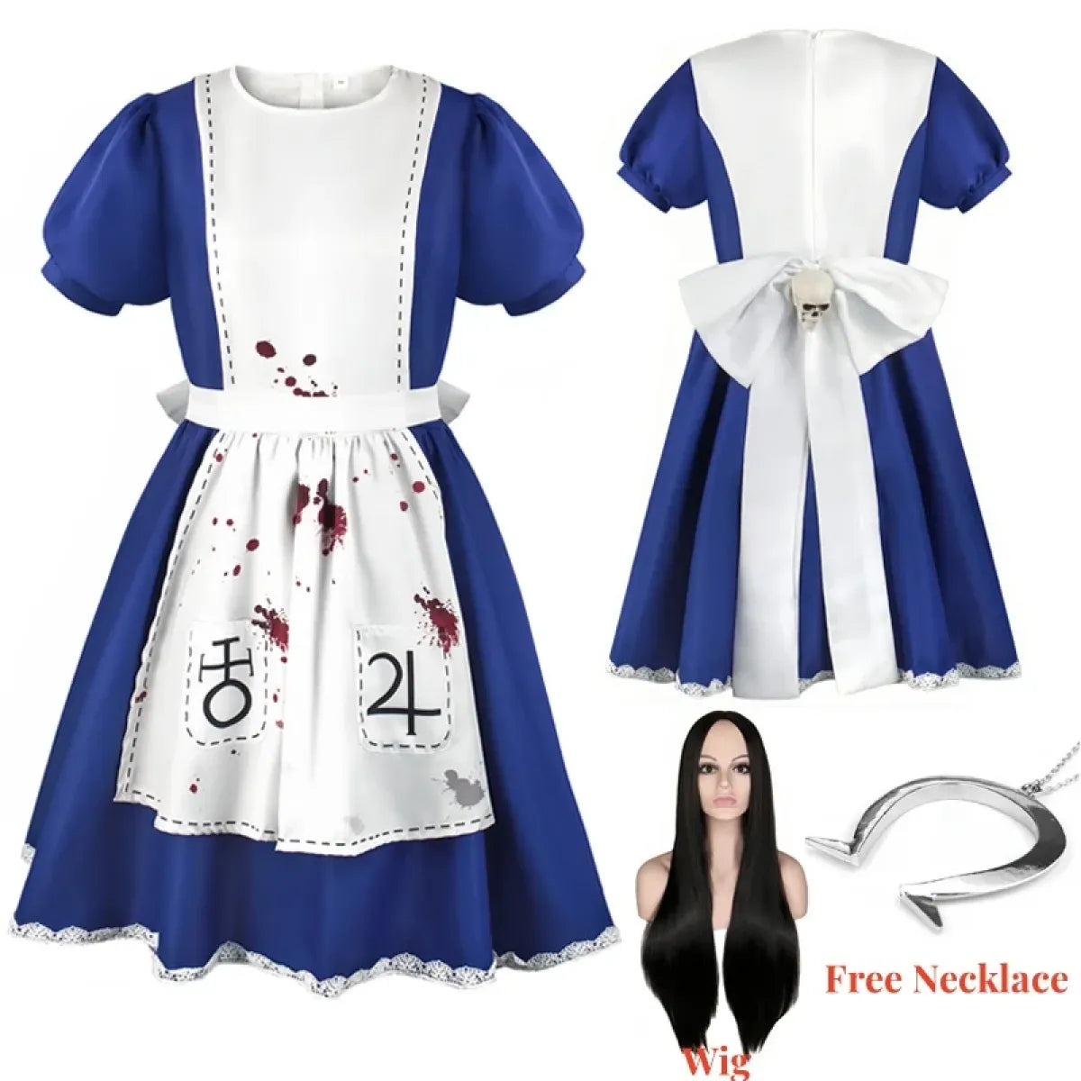 Madness Returns Alice Cosplay Costume Dress with Apron and Wig for Women