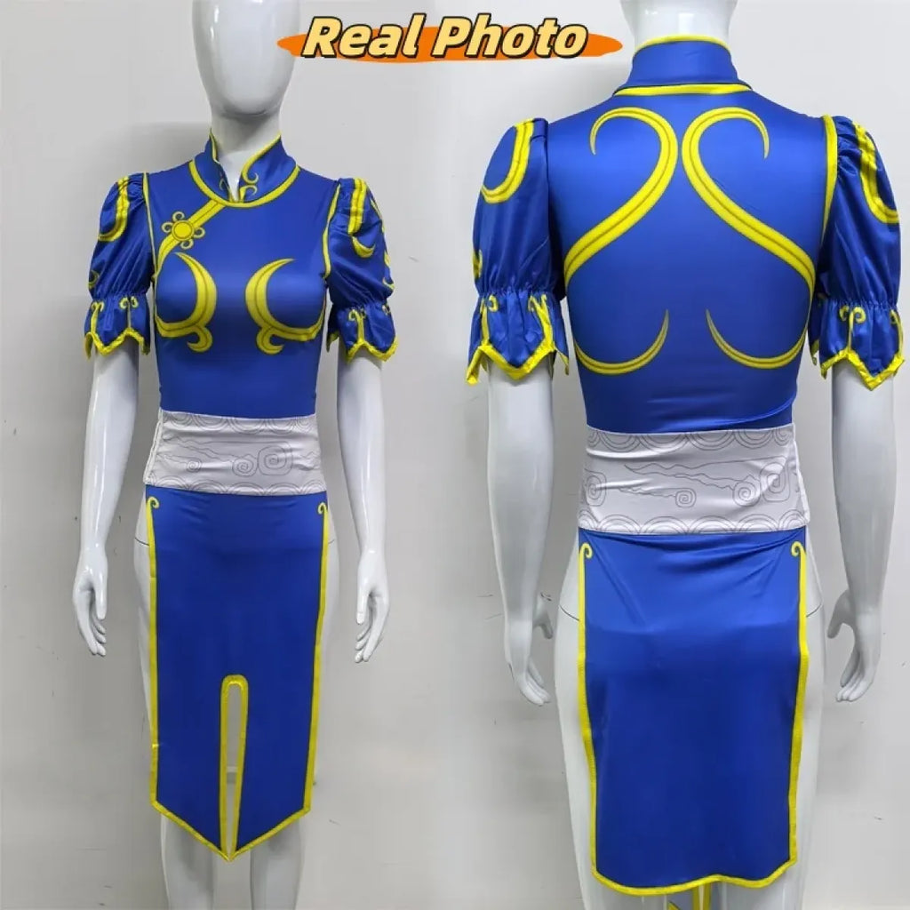Chun Li Cosplay Costume – Street Fighter Blue Cheongsam Set with Headdress