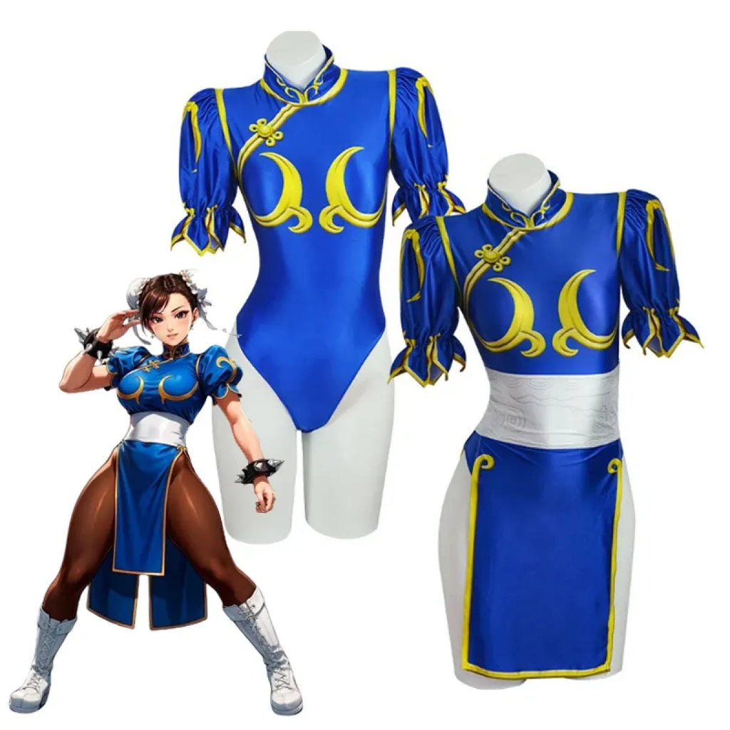 Chun Li Cosplay Costume – Street Fighter Blue Cheongsam Set with Headdress